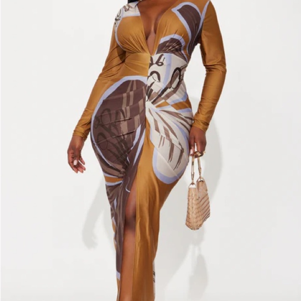 Long Sleeve Deep V Mustard Print Maxi Dress
